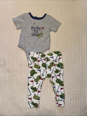 NWOT Mudpie Cotton 'Hole-in-One' Golf Print One-Piece & Pants Set 3-6M